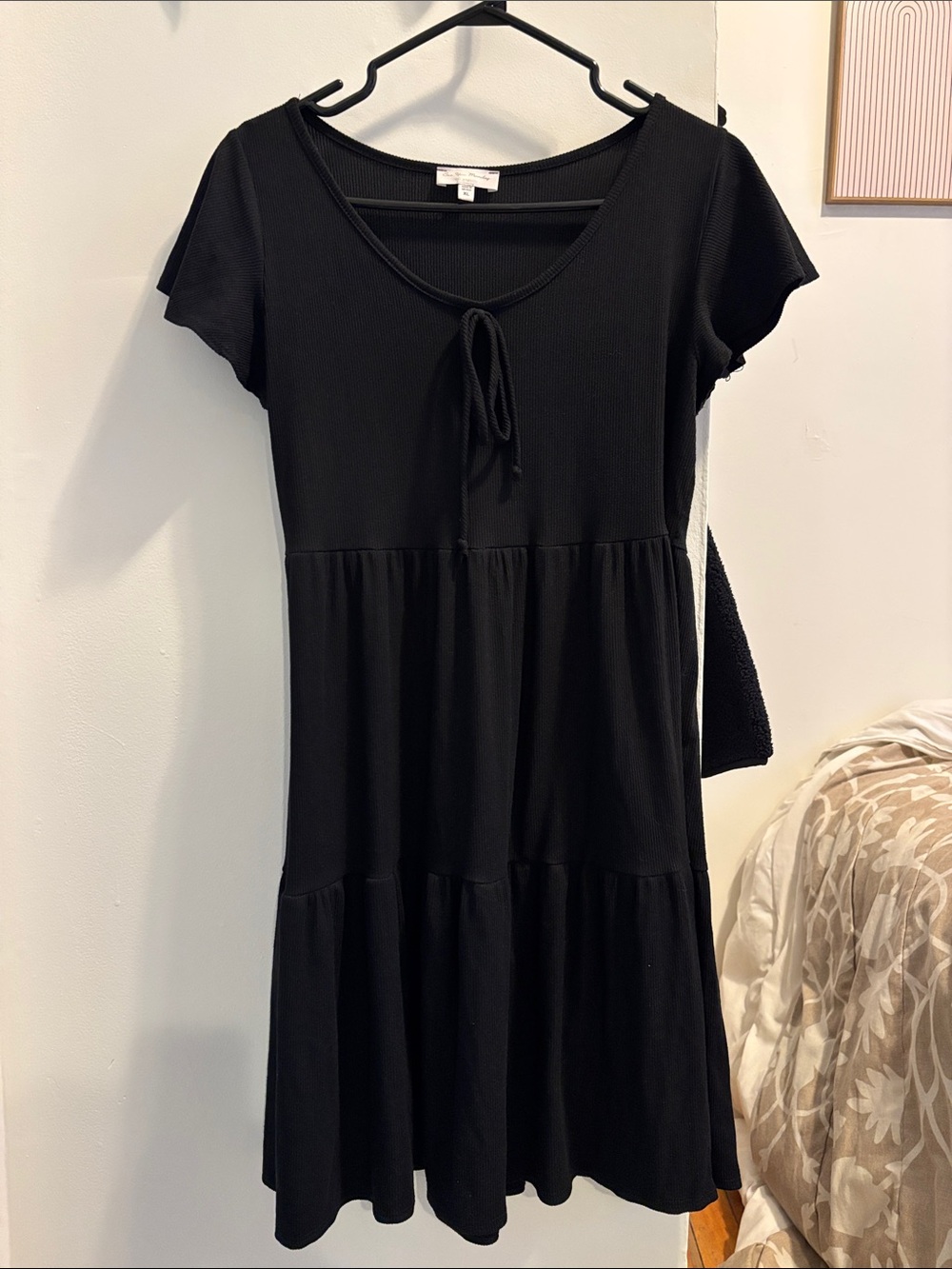 See You Monday Black Short-Sleeve Tiered Dress with Tie Front